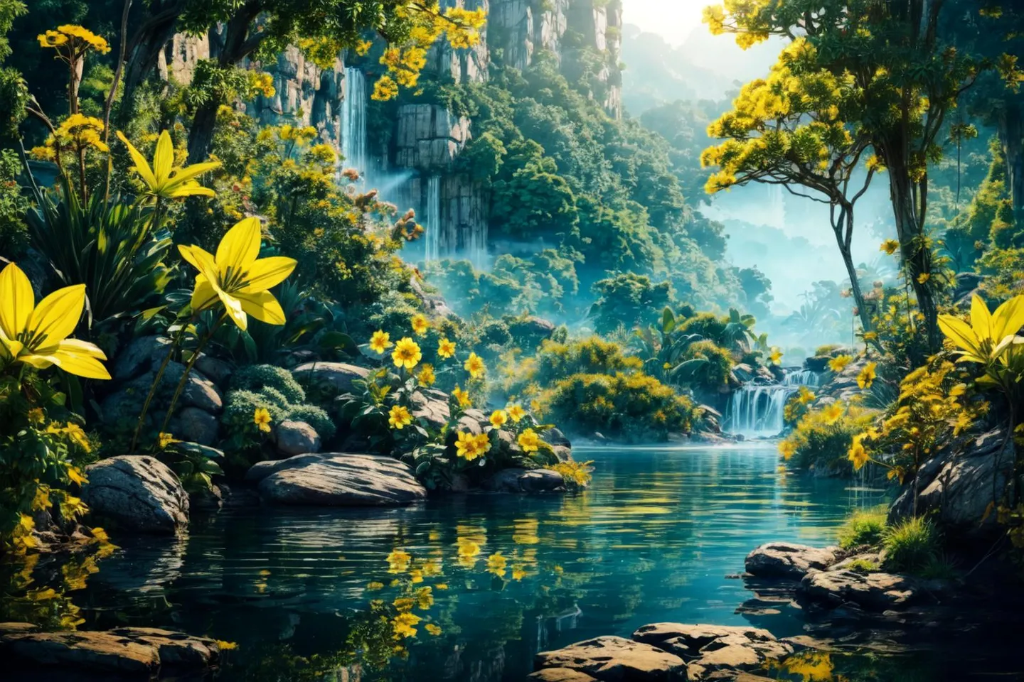 Fantasy landscape with yellow flowers, rocks, water, trees, and waterfalls, AI generated using Stable Diffusion.
