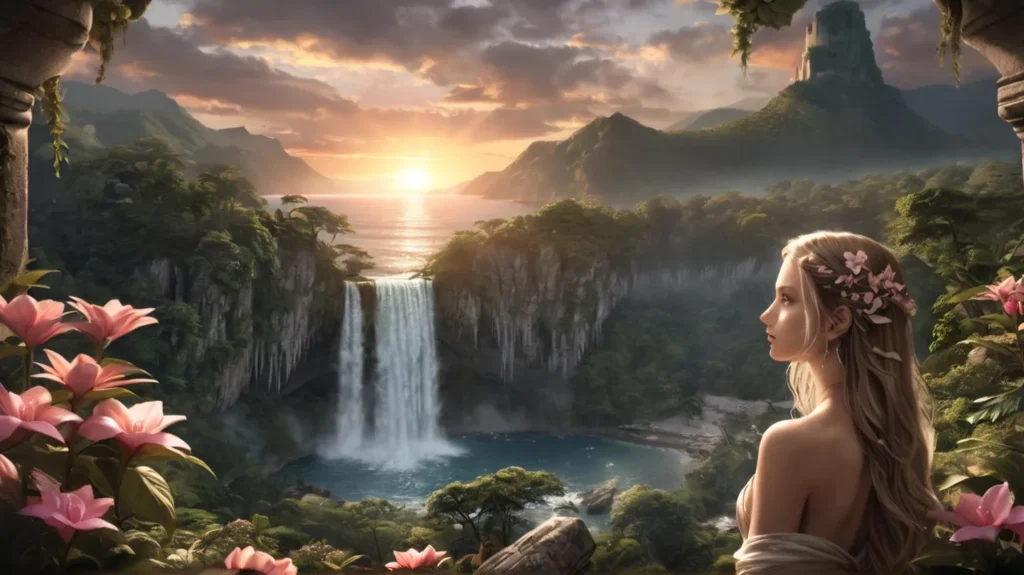 AI generated image of an ethereal woman with flowers in her hair, standing in a beautiful, fantasy landscape with mountains, a waterfall, and a lake, created using Stable Diffusion.