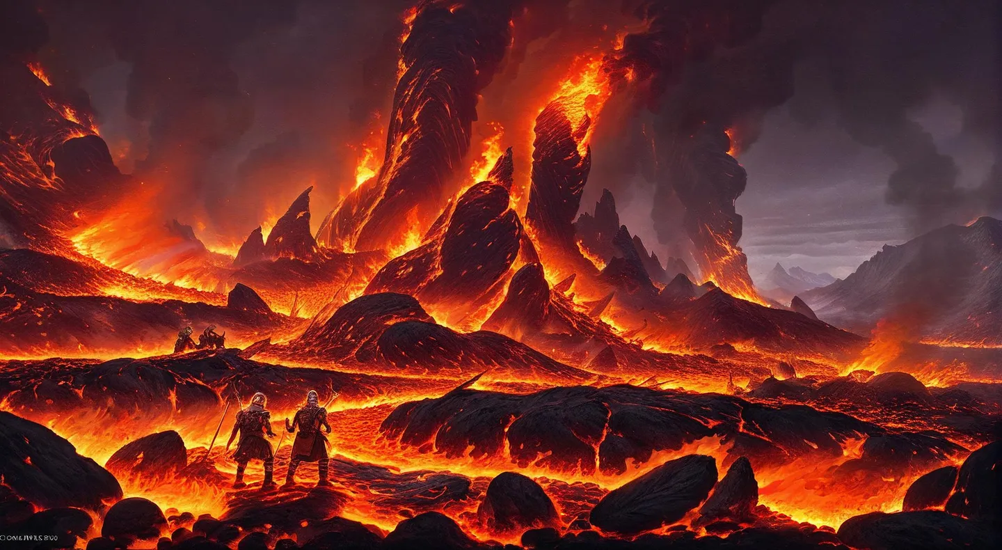 A detailed AI generated image using stable diffusion, depicting a fantasy lava landscape with towering volcanic formations and burning rivers of lava, with three adventurers traversing the terrain.