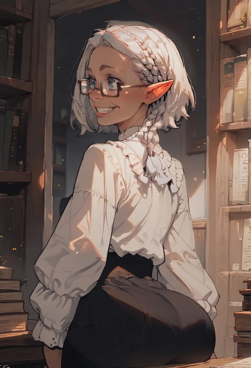 AI generated image of a fantasy librarian with white braided hair and pointed ears, smiling while standing in a library, created using Stable Diffusion.