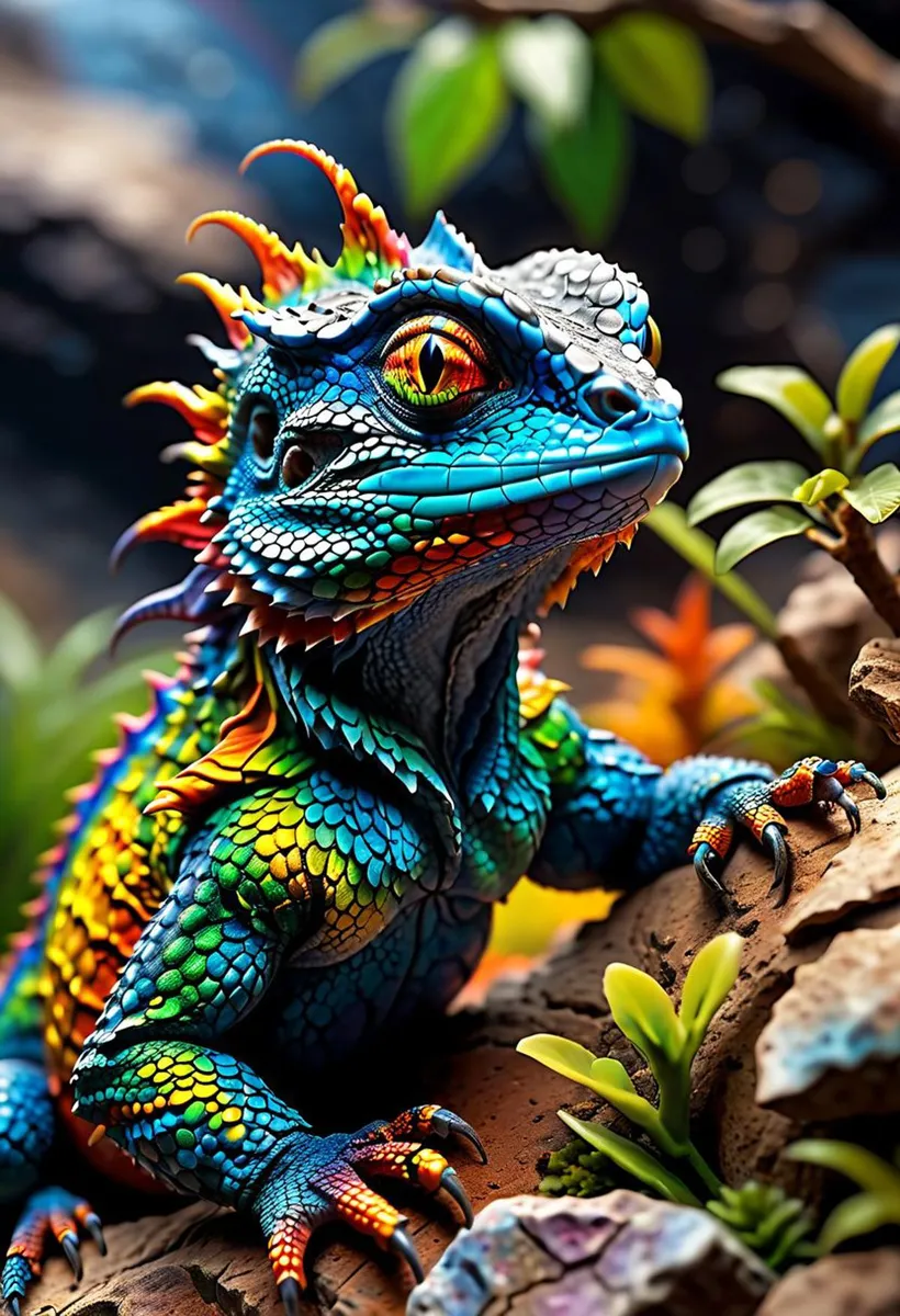 A highly detailed, colorful lizard with intricate scales, created using Stable Diffusion. The fantasy creature stands on rocks amidst vibrant vegetation.