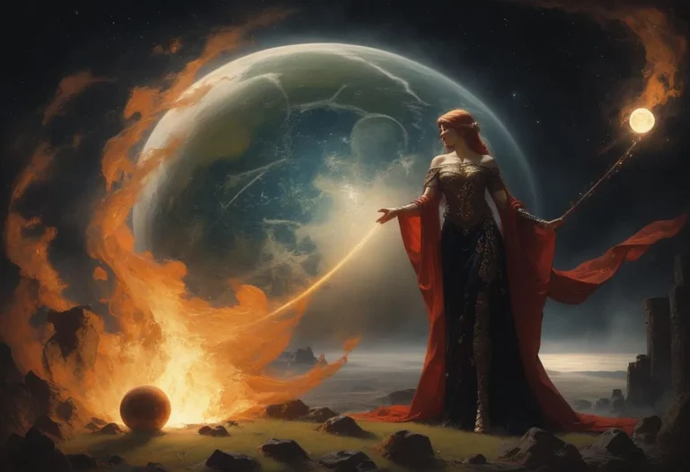 Fantasy-styled AI generated image of an enchantress in a red cloak controlling magical flames, with a large moon-like planet in the background using Stable Diffusion.