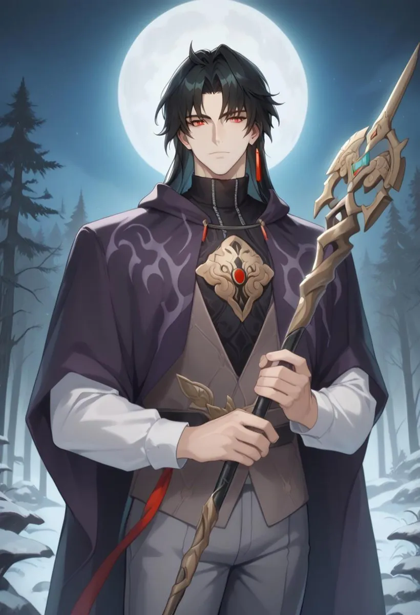 Anime-style fantasy character with black hair and red eyes standing under a full moon. Character holds an ornate mage staff and wears a detailed cloak, AI generated using stable diffusion.