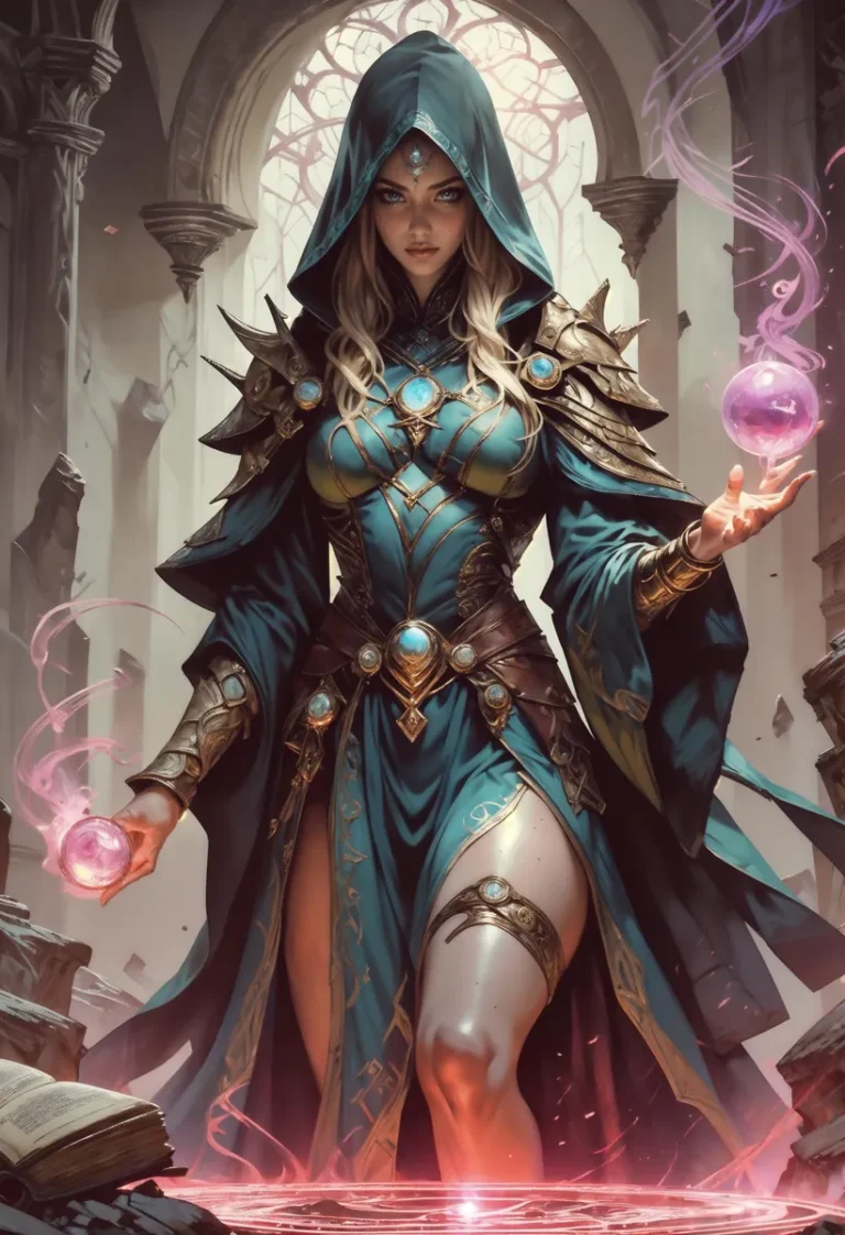 A fantasy mage female sorceress with glowing purple magic orbs in an ancient cathedral, AI generated using Stable Diffusion.