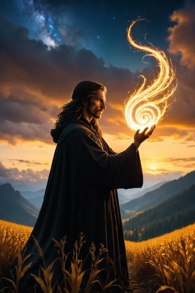 AI-generated image using Stable Diffusion of a fantasy magician with long hair, wearing a dark robe, holding a glowing spell in his hand in a golden field during sunset.