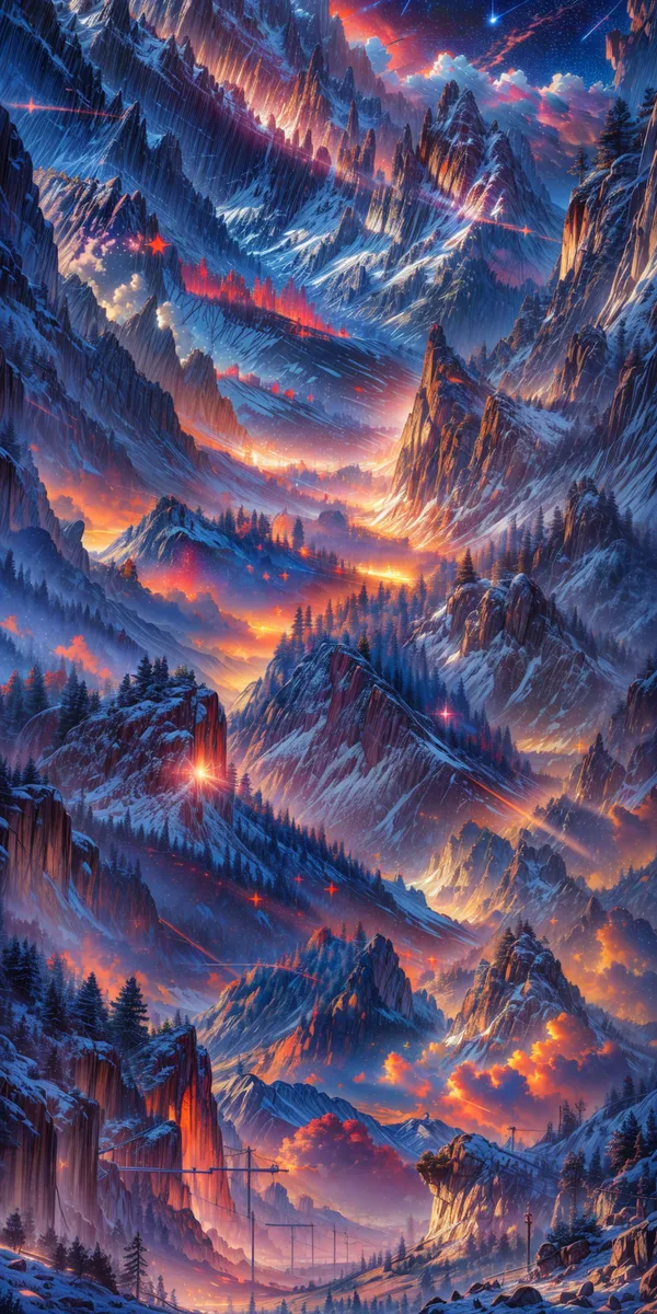 A fantasy mountain landscape with towering, snow-capped peaks bathed in a dreamlike, colorful glow, created using Stable Diffusion AI.