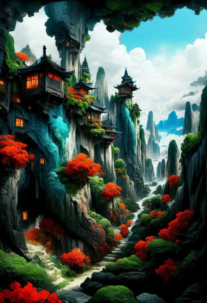 Fantasy landscape of a village with traditional Asian architecture built into tall mountains adorned with colorful flora. AI generated image using Stable Diffusion.
