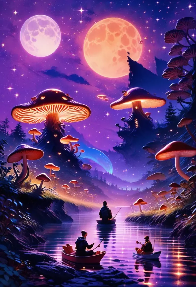 Fantasy landscape with giant glowing mushrooms, two moons, and people fishing on a river. This image is AI generated using Stable Diffusion.