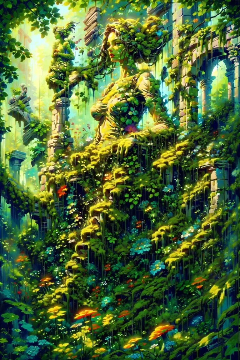 An AI-generated image using Stable Diffusion featuring a nature-overgrown statue within ancient ruins, covered in lush vegetation and vibrant flowers.