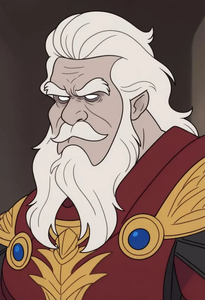 Animated character of an elderly man with long white hair and beard, wearing detailed royal armor with gold and blue accents, created using Stable Diffusion.