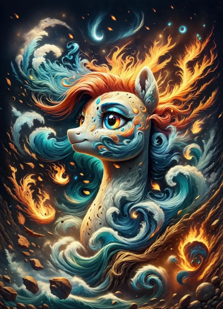 A fantasy pony with vibrant colors stands surrounded by swirling elemental forces. AI generated image using Stable Diffusion.