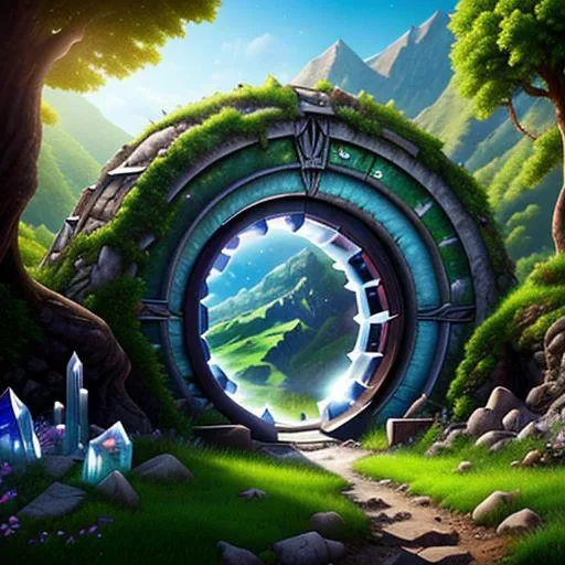 A detailed fantasy portal edged with dirt and grass, constructed from vibrant green and stone materials. The portal opens up to a magical landscape with lush greenery, crystal blue skies, and distant mountains. AI generated image using Stable Diffusion.