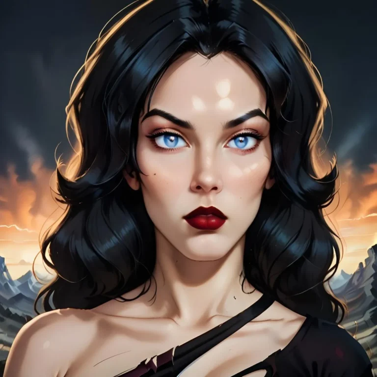 A detailed fantasy portrait of a woman with striking blue eyes, dark flowing hair, and bold red lips set against a dramatic sunset with mountainous scenery. This is an AI generated image using stable diffusion.