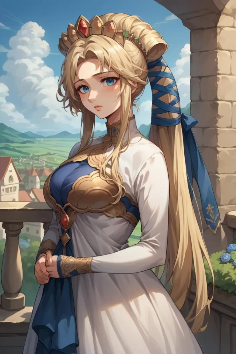 Portrait of a fantasy princess with long blonde hair, blue eyes, and elaborate medieval outfit, created using Stable Diffusion.