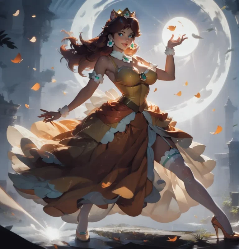 Fantasy princess in a golden gown with flower accessories, standing gracefully under a full moon. AI generated image using Stable Diffusion.
