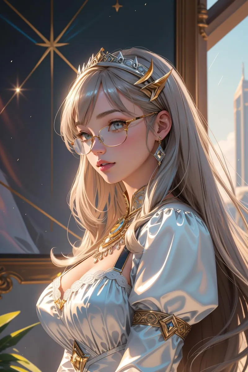 Beautiful fantasy princess with long silver hair, wearing glasses and a crown, in a royal setting. AI generated image using Stable Diffusion.