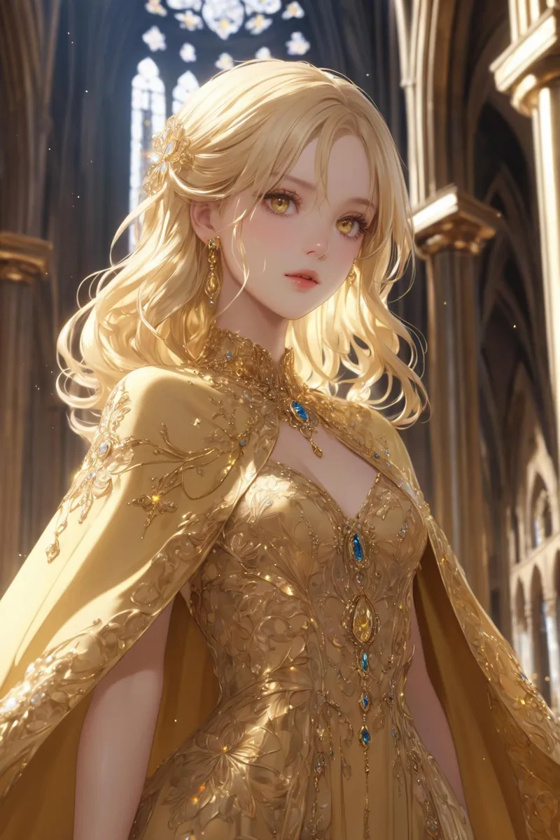 A fantasy princess with flowing blonde hair in a detailed golden gown with gemstone accents, standing in a cathedral setting. AI generated image using Stable Diffusion.
