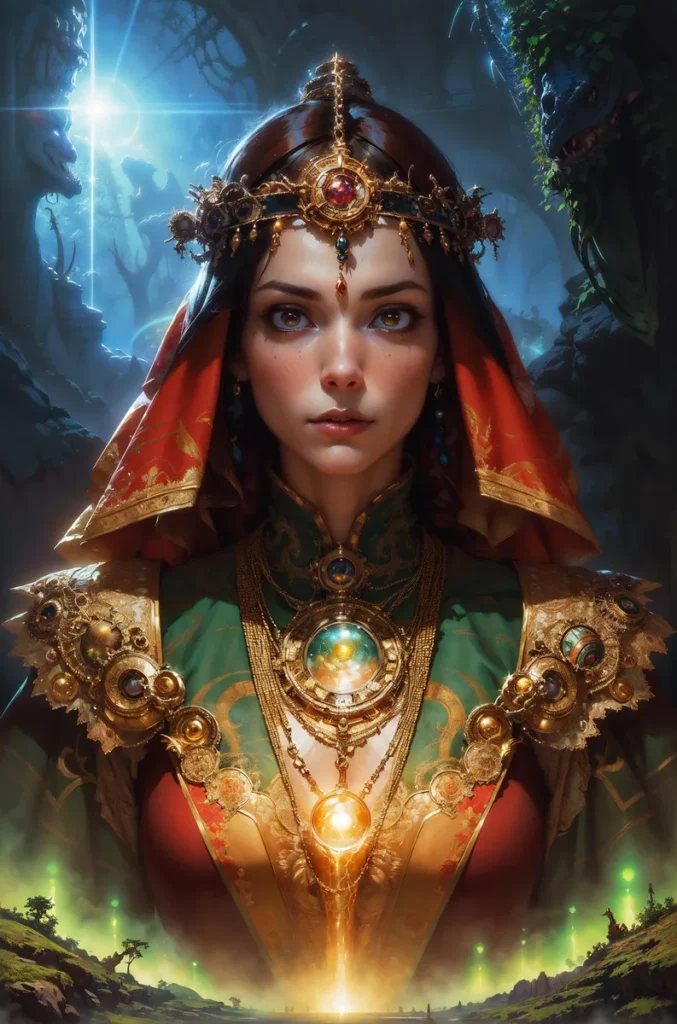 A fantasy princess adorned with intricate royal jewelry in a mystical setting, an AI generated image using Stable Diffusion.