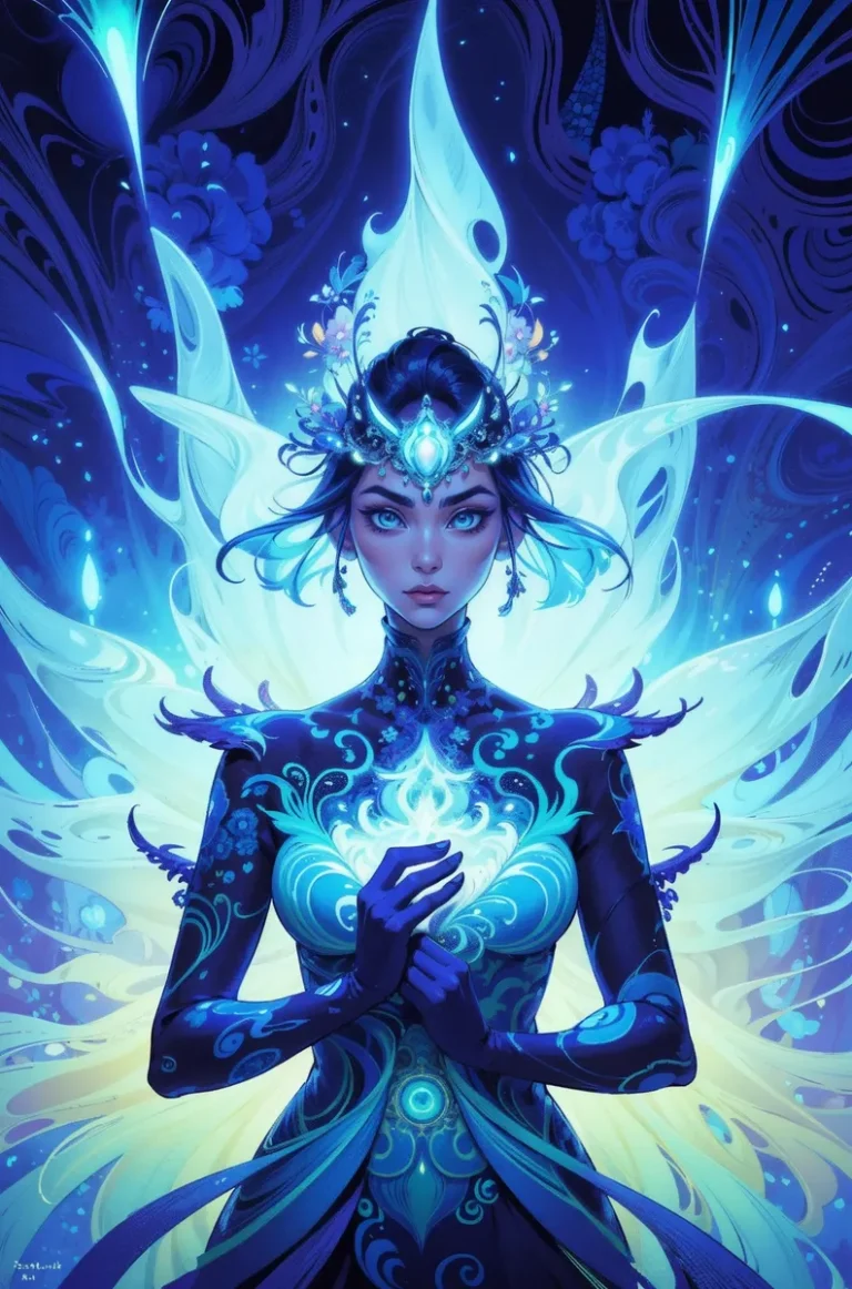 A fantasy queen glowing in blue ethereal light, with intricate patterns and a magical aura. This is an AI generated image using Stable Diffusion.