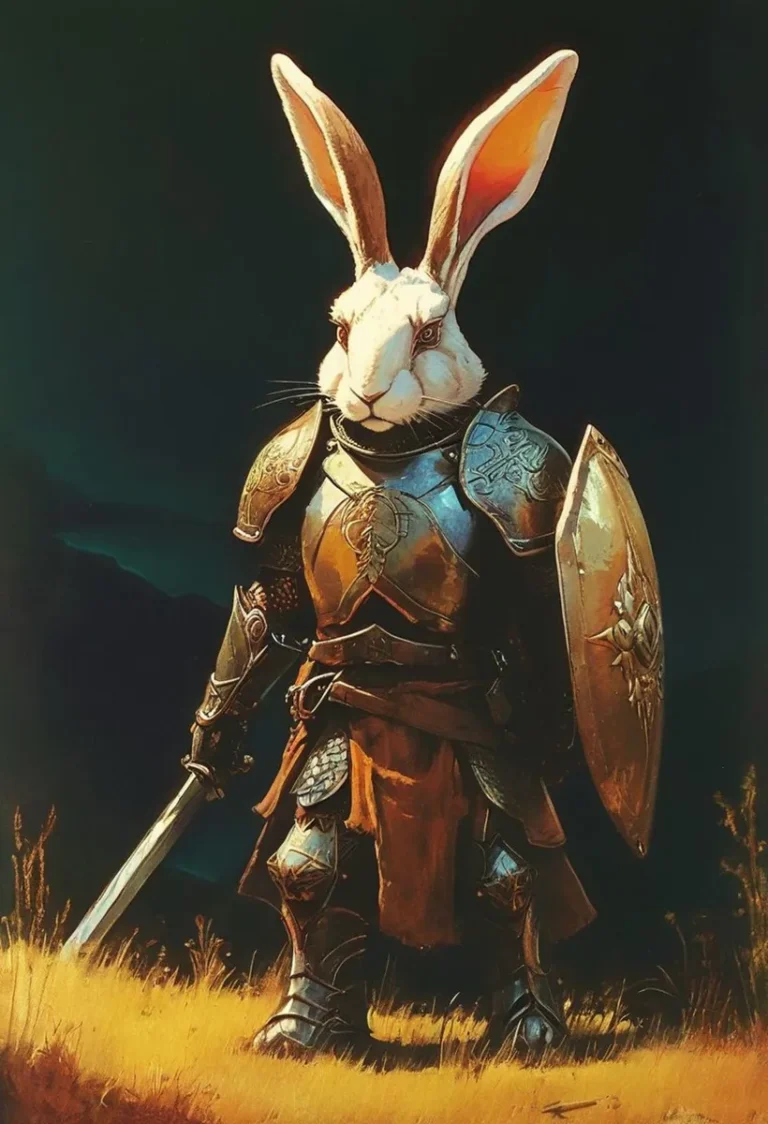 A fantasy rabbit warrior in medieval armor, generated using Stable Diffusion AI.