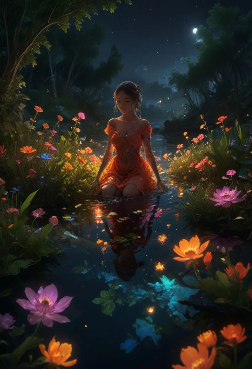 A fantasy scene of a woman in an orange dress kneeling in a stream surrounded by flowers in a nighttime meadow, created with Stable Diffusion AI.
