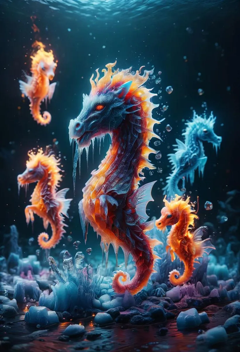 Fantasy seahorses with fiery manes and icy bodies underwater, AI generated image using Stable Diffusion.