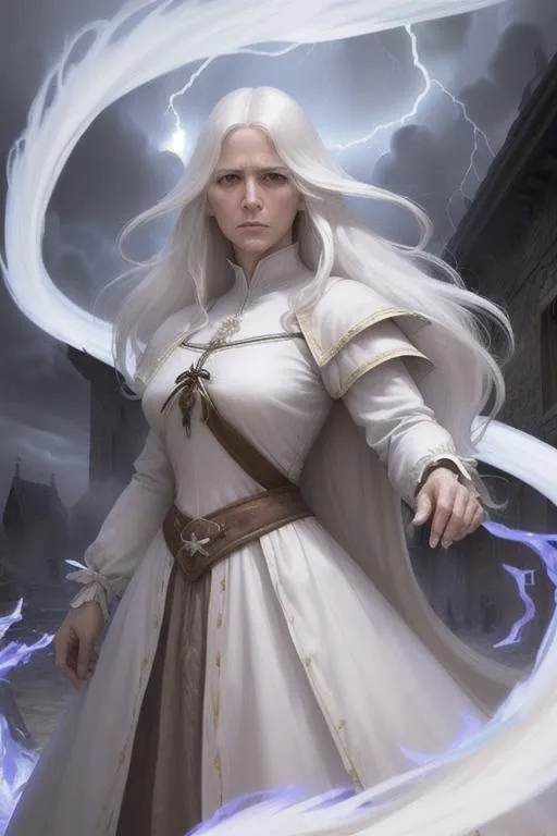 A powerful sorceress in white robes with long flowing white hair conjures lightning magic in a medieval town. This is an AI generated image using stable diffusion.