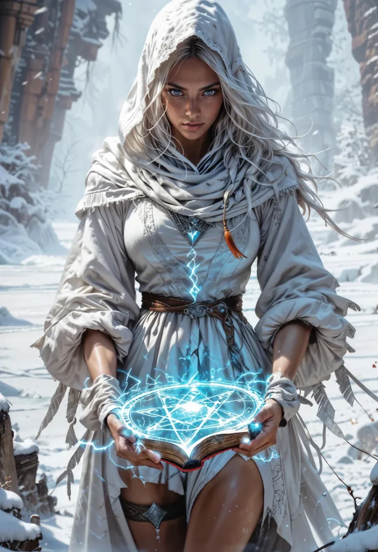 A fantasy sorceress with glowing blue eyes, standing in a snowy landscape, holding an ancient book emitting magical blue energy, AI generated using Stable Diffusion.