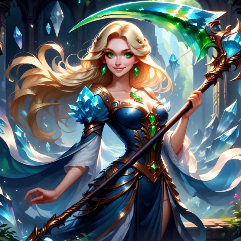 Fantasy sorceress wielding a magical crystal scythe, created using Stable Diffusion AI