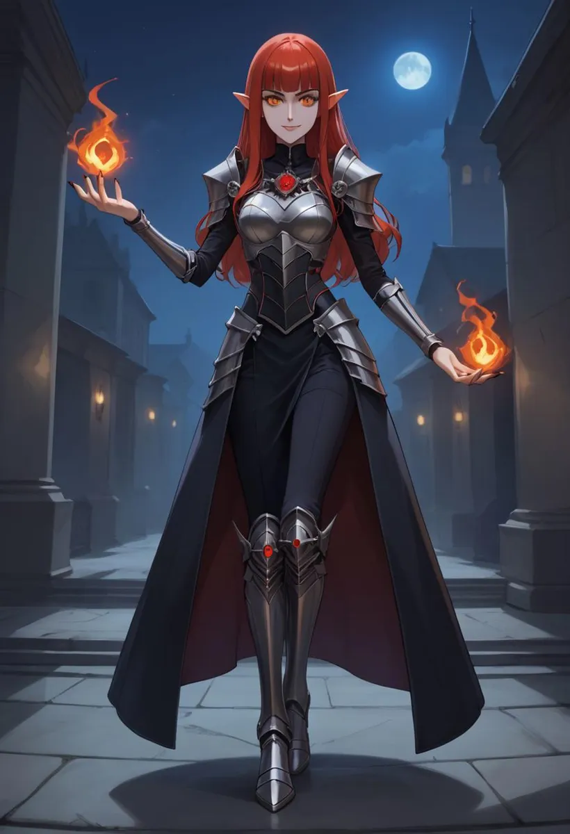 A fantasy sorceress in dark armor and red hair wielding fire magic in a moonlit setting, AI generated using Stable Diffusion.