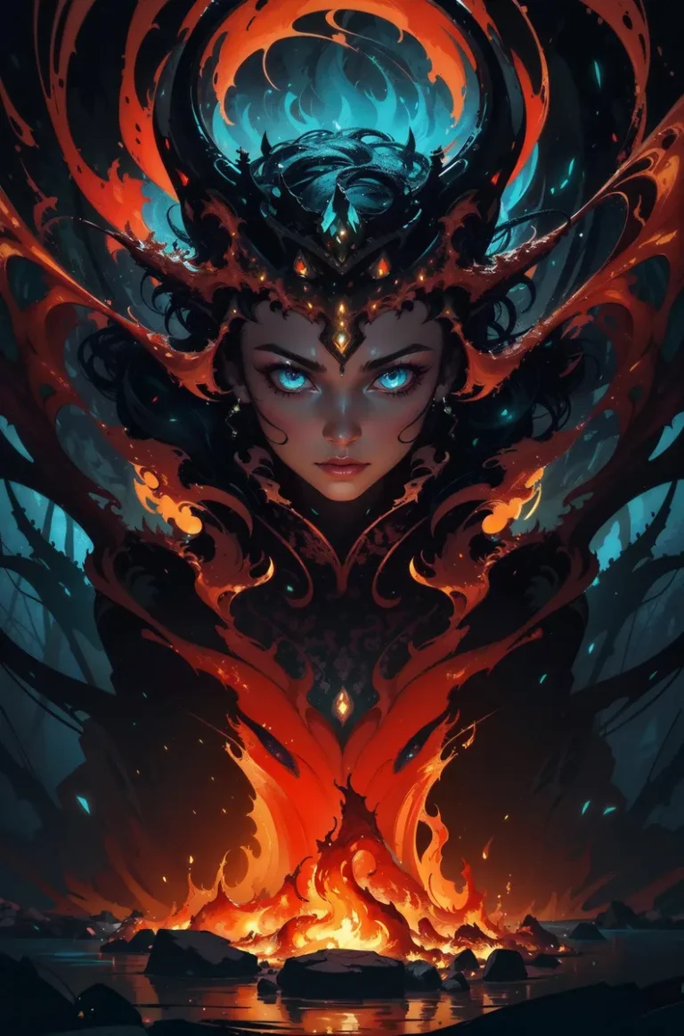 A fantasy sorceress with glowing blue eyes, adorned in elaborate flame-like attire, surrounded by swirling fire, AI generated using Stable Diffusion.