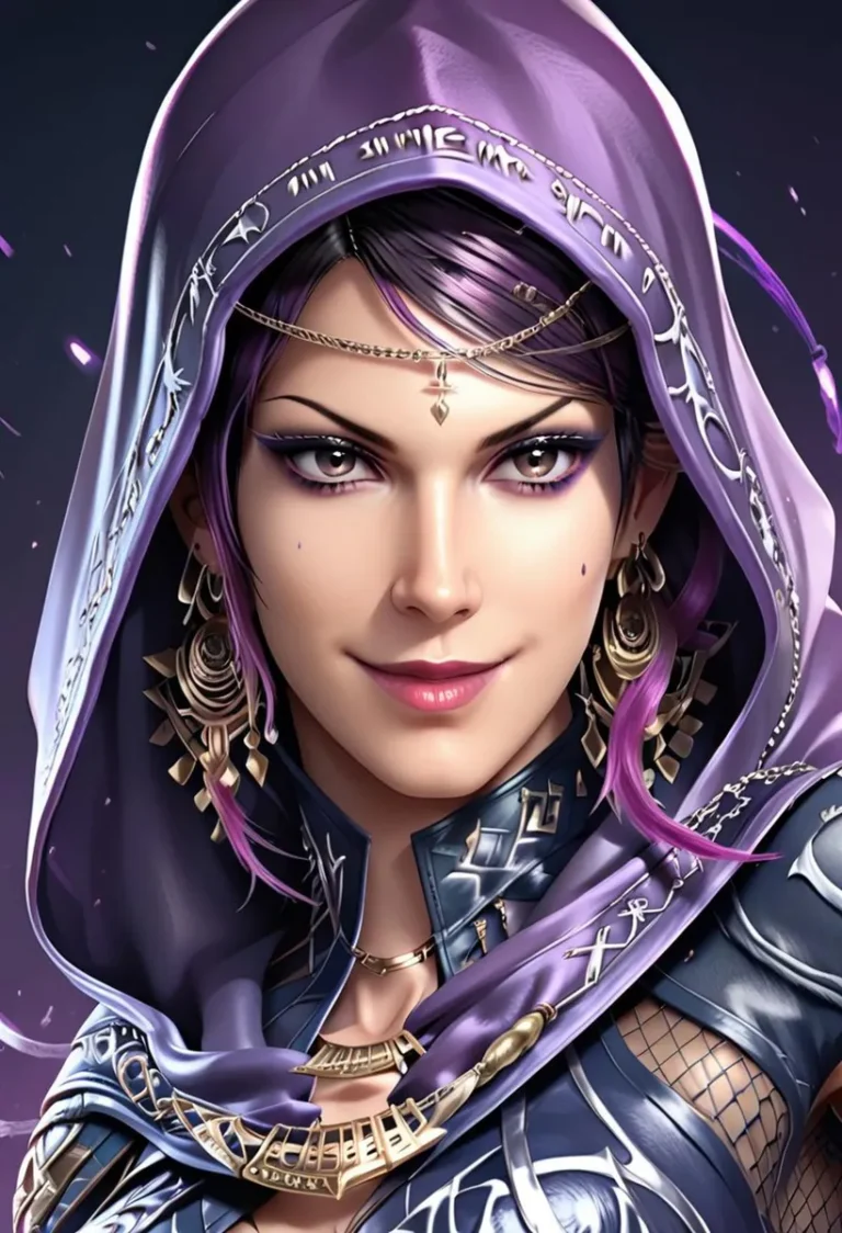 A captivating fantasy sorceress with purple hair and a purple hood, adorned with intricate jewelry and a confident smile. AI generated image using Stable Diffusion.