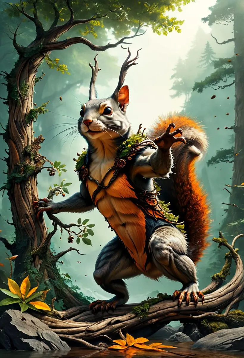 A detailed anthropomorphic fantasy squirrel in a woodland scene generated using stable diffusion.