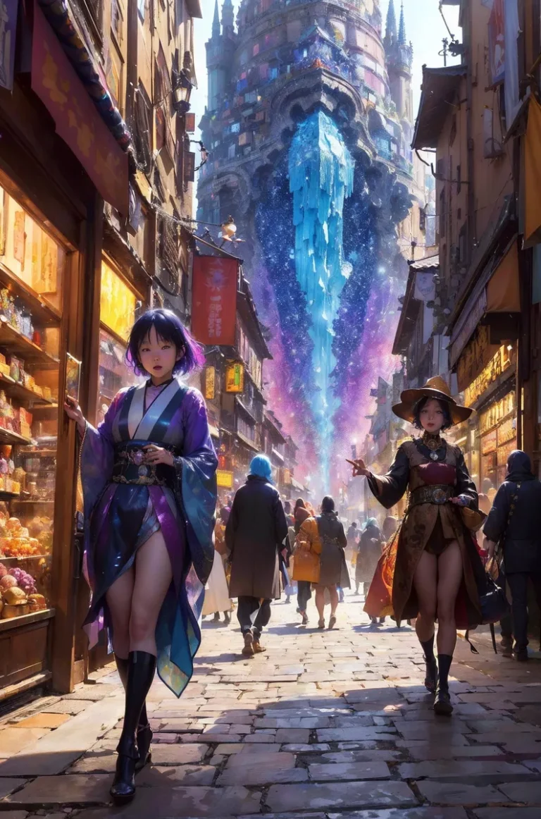 A colorful fantasy street scene featuring anime characters and a futuristic cityscape in the background, AI generated image using stable diffusion.