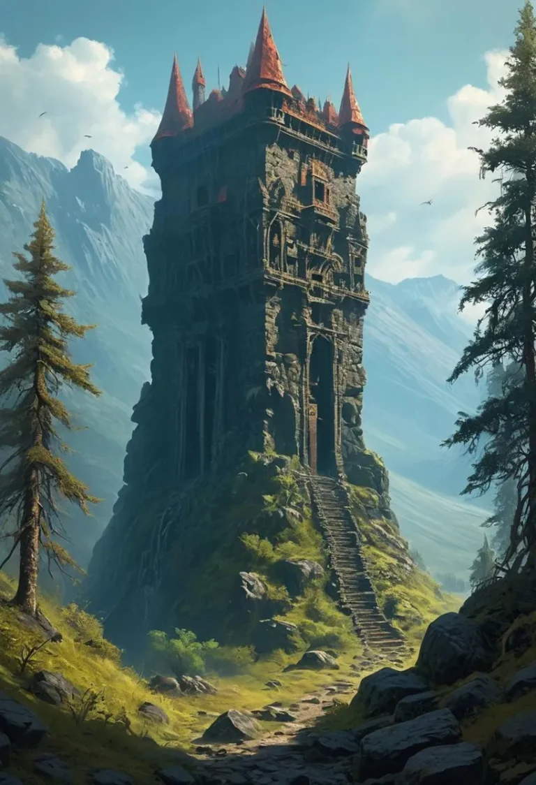 Fantasy tower in a medieval landscape with mountains in the background, AI-generated using Stable Diffusion.