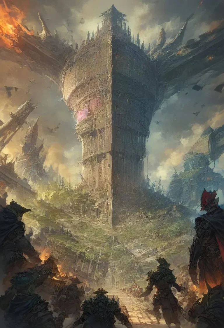 AI generated image using stable diffusion depicting a massive, intricate fantasy tower in an apocalyptic city surrounded by warriors