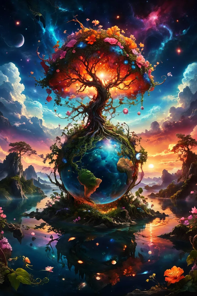 A fantasy landscape featuring a glowing tree of life growing from a spherical Earth surrounded by cosmic elements, created using Stable Diffusion AI.