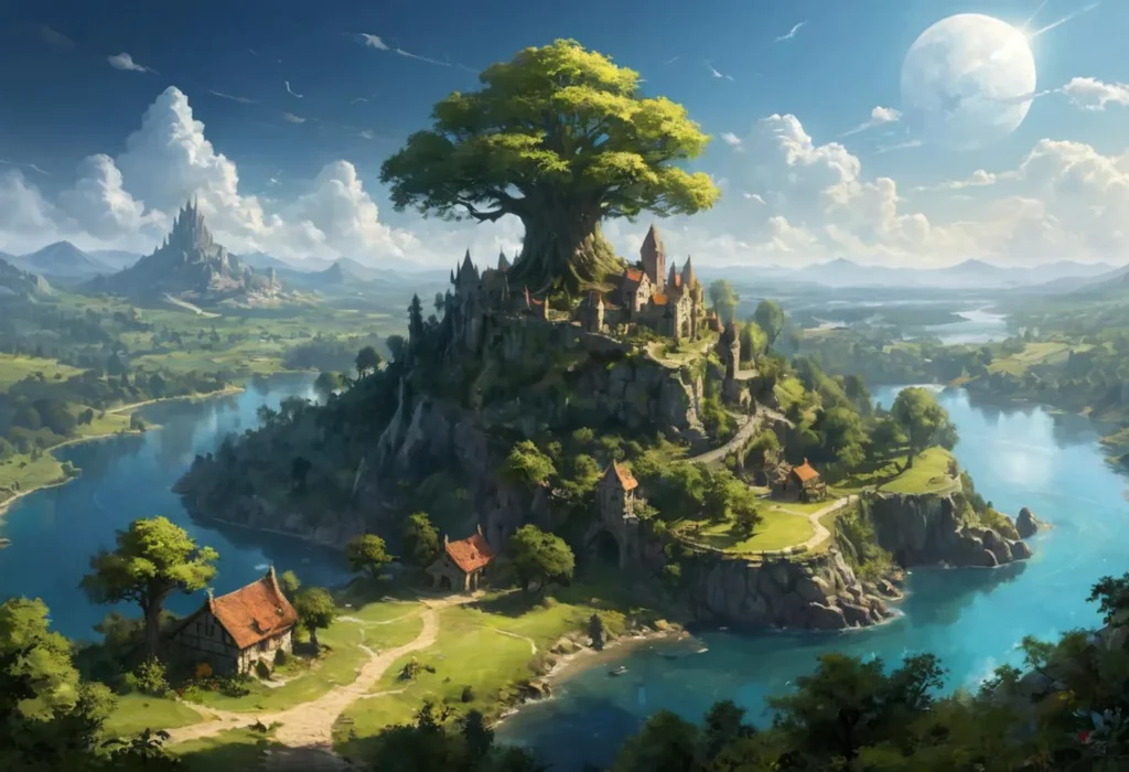 A fantasy landscape featuring a village nestled around a massive, ancient tree, with a river and distant mountains. AI generated image using Stable Diffusion.
