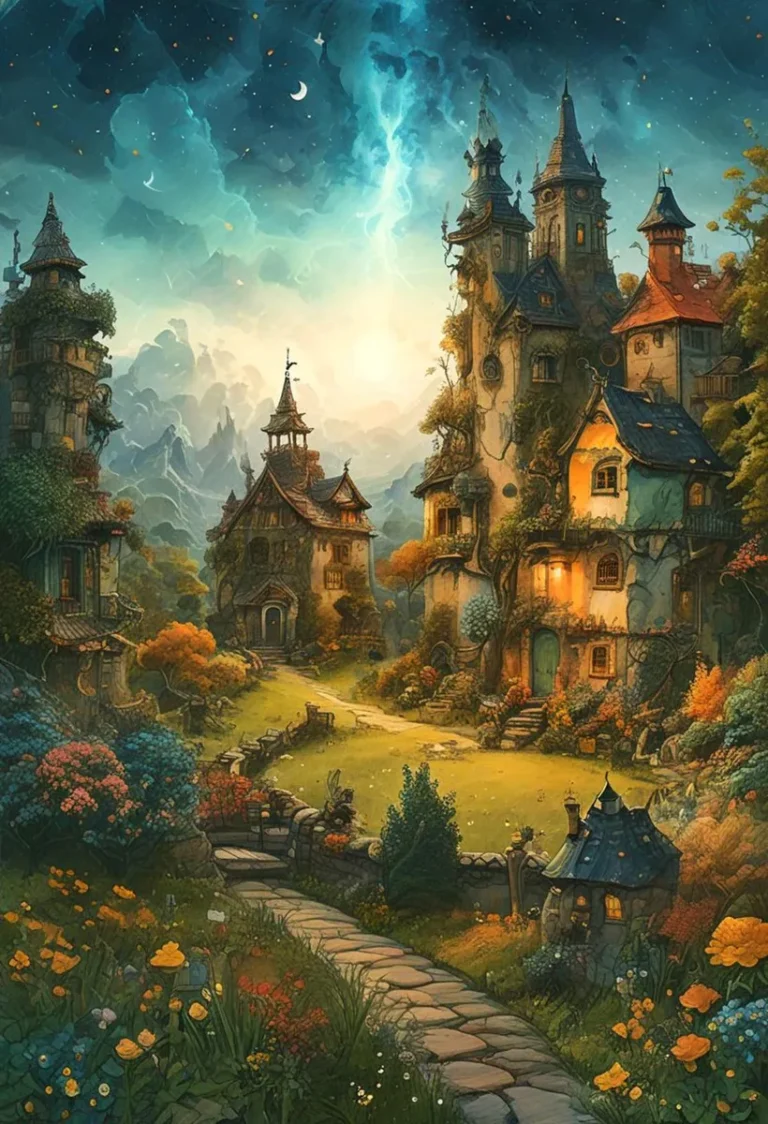 An enchanting fantasy village featuring whimsical and magical houses under a star-filled sky, an AI generated image using Stable Diffusion.