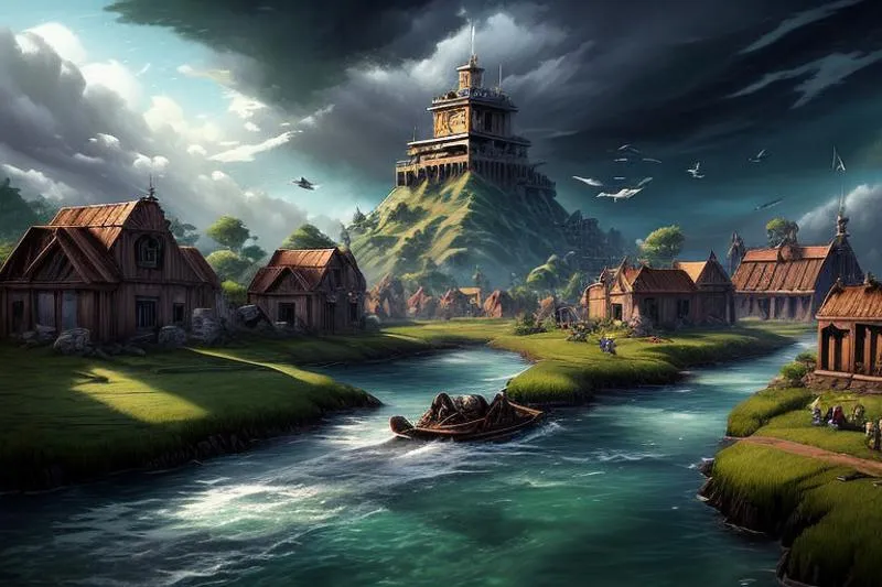 Fantasy village with small wooden houses along a flowing river, overlooked by a majestic hilltop castle under a dramatic sky, created using Stable Diffusion.