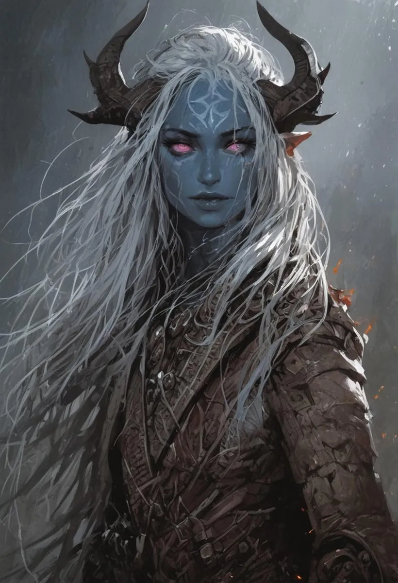 Detailed AI-generated image of a fantasy female warrior with long silver hair, blue skin, glowing pink eyes, and intricate demon horns using Stable Diffusion.
