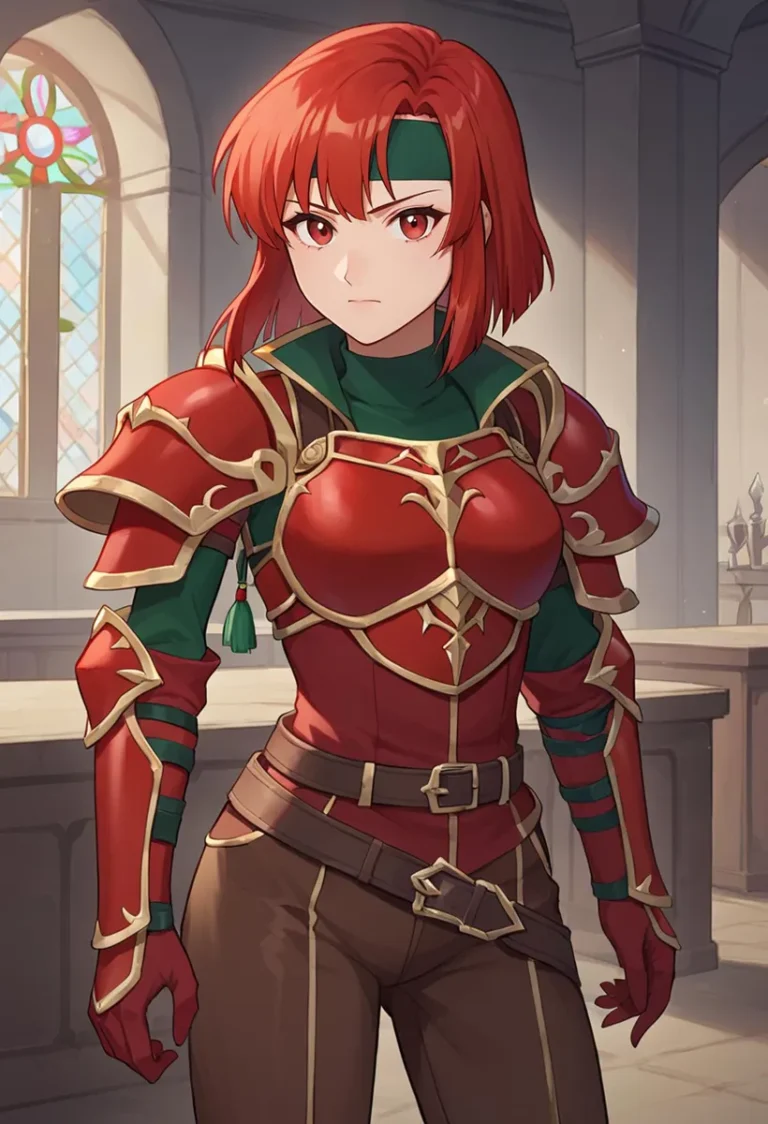 Anime-style fantasy female warrior in red and green armor inside a cathedral, AI generated using stable diffusion.