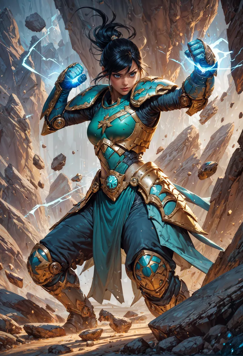 A female knight in turquoise and gold armor, generated by AI using Stable Diffusion.