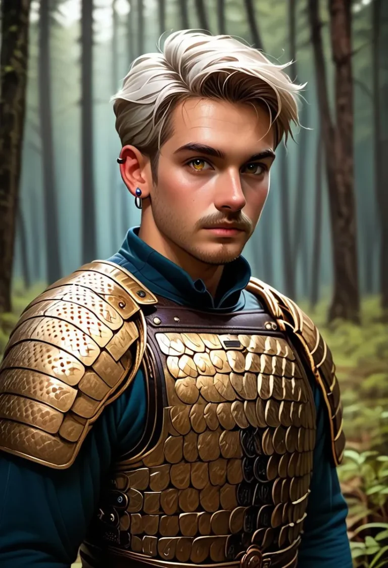 A detailed AI-generated image using Stable Diffusion depicts a young fantasy warrior with silver hair, wearing golden scaled armor in a dense, lush forest. His intense yellow eyes and the intricate detail of his armor make for a captivating scene.