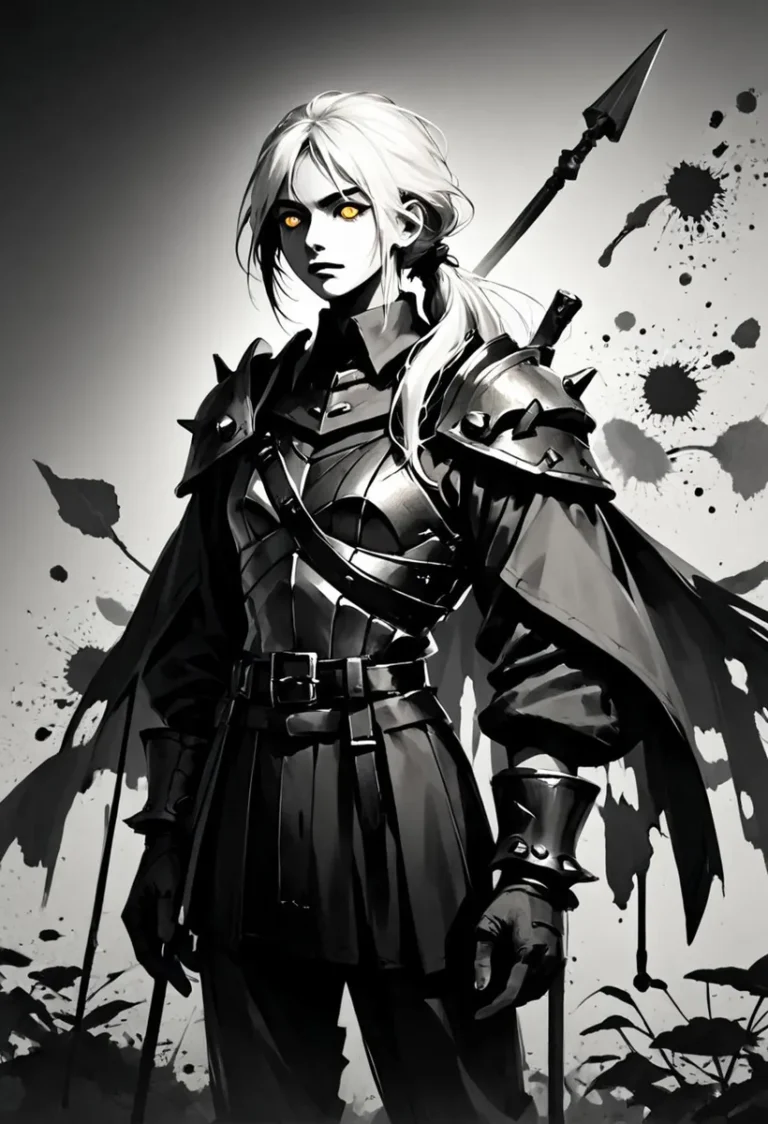 Black and white illustration of a female knight with glowing yellow eyes, created using stable diffusion.