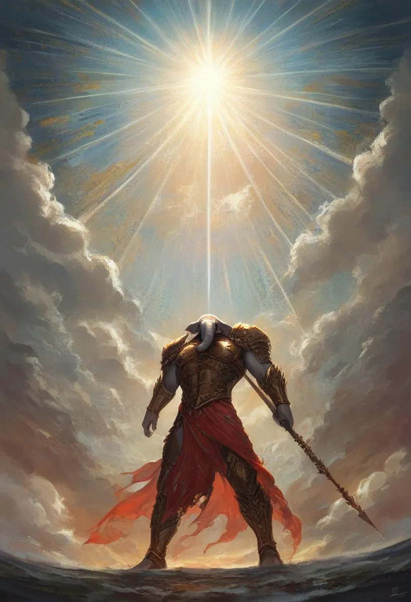 A fantasy warrior clad in elaborate golden armor stands beneath radiant divine light from opening clouds, showcasing AI generated art using Stable Diffusion.