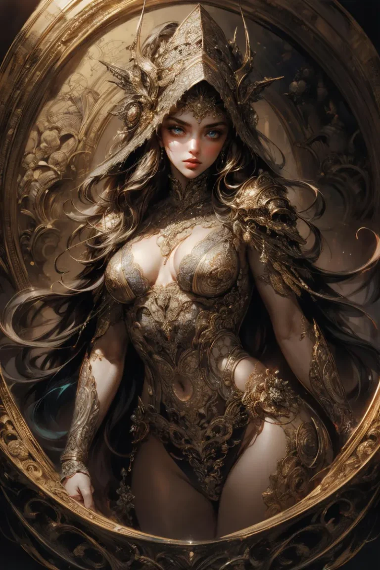 A fantasy warrior woman in an elaborate, gold-toned armor with intricate details, generated by AI using Stable Diffusion.