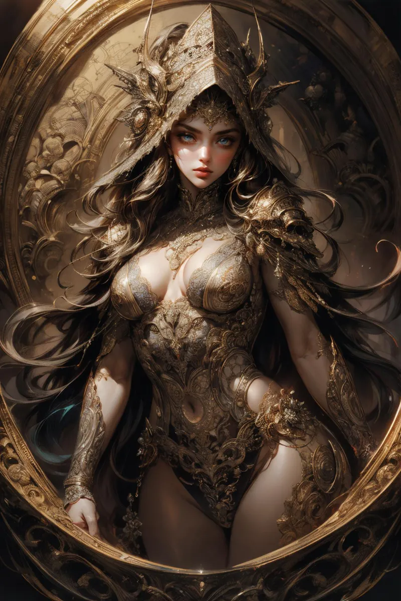 A fantasy warrior woman in an elaborate, gold-toned armor with intricate details, generated by AI using Stable Diffusion.