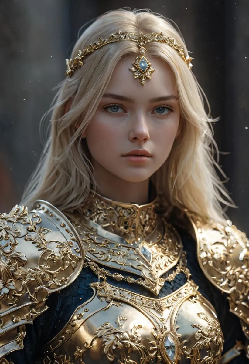 A fantasy warrior princess with long blonde hair and blue eyes wearing intricate golden armor and a jeweled headpiece. AI generated image using Stable Diffusion.