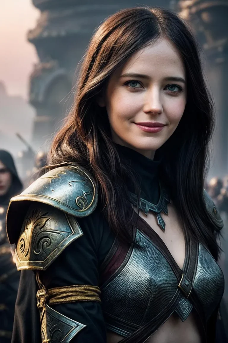 Young woman with long dark hair, wearing intricately designed medieval-style armor in a fantasy setting. AI generated image using Stable Diffusion.
